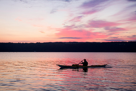 Predawn support kayaker for Women Swimmin' for Hospicare in Ithaca NY