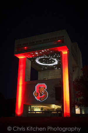 Johnson Art Museum lit up for homecoming.