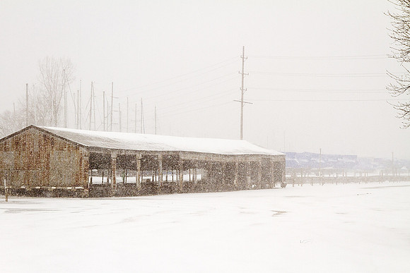 The view from the Ithaca Farmers Market during a snow storm
