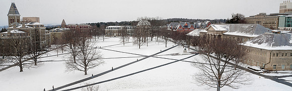 Olin Library view from the top floor study area of the Arts Quad in winter